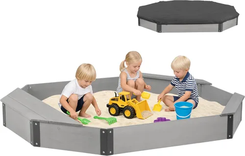 Miniatura 12 de Cajón de arena de 64"x56"x8.5" octogonal con cubierta para juegos al aire libre de niños, arenero grande de madera con 4 bancos, instalación rápida