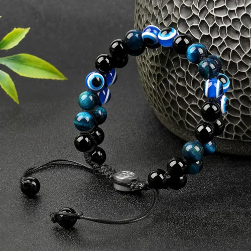Miniatura 10 de Pulsera de triple protección, ojo de tigre malvado de ojo y obsidiana negra de 0.315 in, pulsera curativa para hombres y mujeres, pulsera curativa