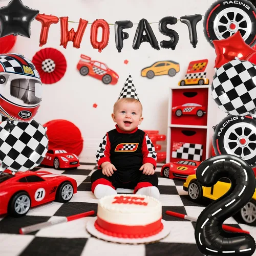 Miniatura 3 de Dos globos de cumpleaños de autos de carreras rápidas, decoración de segundo cumpleaños, decoración de 2 años, suministros para fiestas