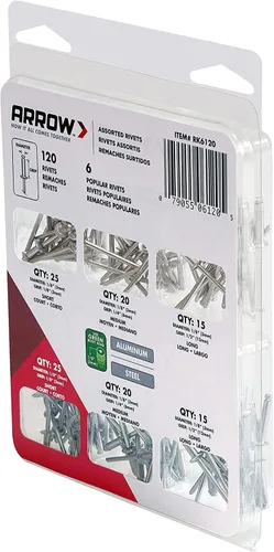 Miniatura 5 de Arrow RK6120 - Kit surtido de remaches para metal, tela, cuero y reparación de automóviles, aluminio y acero, 18 pulgadas, paquete de 120