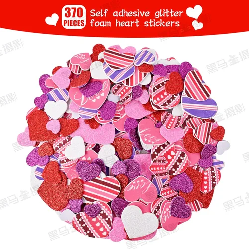 Miniatura 3 de El kit de 386 calcomanías de corazón de espuma de San Valentín incluye 370 calcomanías de corazón autoadhesivas con purpurina y 16 corazones