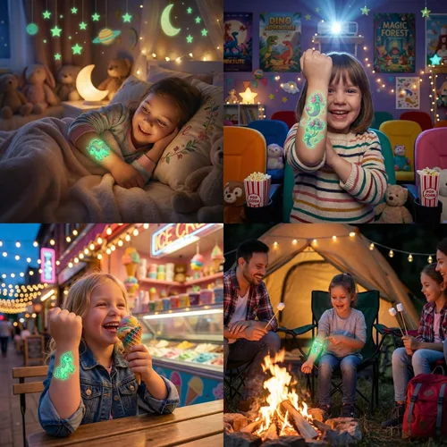 Miniatura 7 de 380 Estilos (30 Hojas) Tatuajes Luminosos para Niños, Adhesivos de Tatuajes Temporales de Estilos Variados con Sirena/Dinosaurio/Espacio/Unicornio