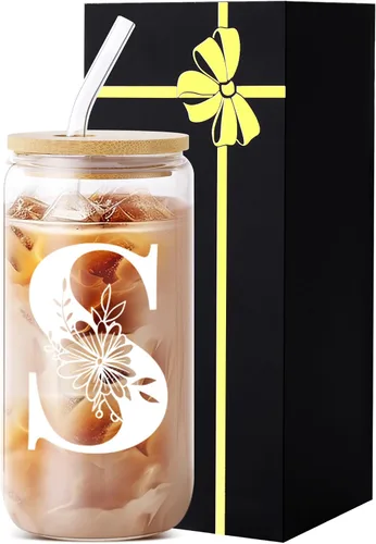 Miniatura 15 de Vaso de vidrio con monograma con tapa, pajita, idea de regalo de moda para amantes del café para mujeres y adolescentes, regalo personalizado