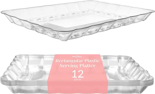 Prestee Paquete de 12 platos rectangulares de plástico para servir, bandeja desechable de alimentos de 9 x 13 pulgadas para fiestas y eventos,