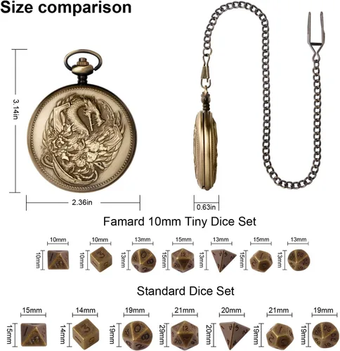 Miniatura 5 de Juego de dados DND diminutos de 0.394 in con funda de reloj de bolsillo vintage, juego de dados D&D de metal poliédrico para Dungeons and Dragons