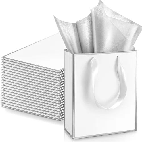 Miniatura 27 de Yeaqee Paquete de 24 bolsas de regalo de papel metálico con asa y papel de seda de 9 x 7 x 3.1 pulgadas, bolsas de favor de bienvenida con papel