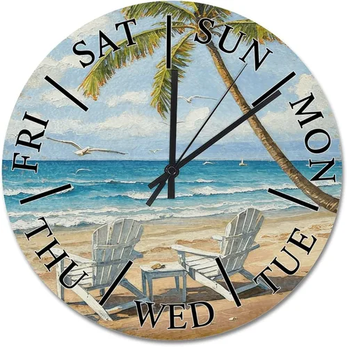 Miniatura 70 de ArogGeld Reloj de pared de 5 O'Clock Somewhere - Reloj redondo de madera para casa de playa, 10, silencioso, sin tictac, batería de cuarzo, granja