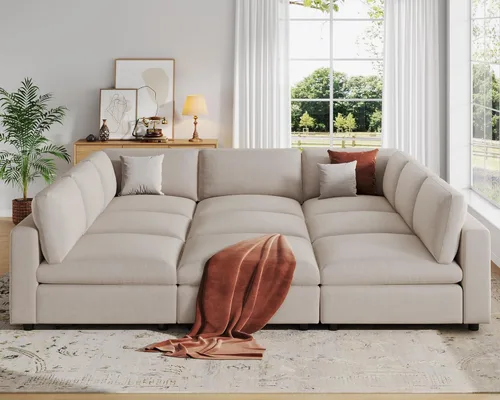 Miniatura 38 de VANOMi Sofá modular, cómodo sofá con marco de madera maciza de 3 asientos, sofá moderno certificado FSC para sala de estar, beige
