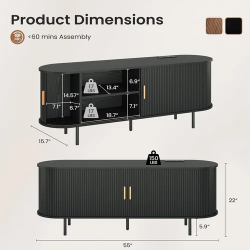 Miniatura 3 de Mueble de TV moderno de mediados de siglo de 55 pulgadas con toma de corriente, centro de entretenimiento para televisores de hasta 60 pulgadas