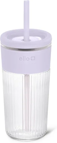 Miniatura 7 de Ello Ava - Vaso de vidrio de 18 onzas con popote y tapa, vidrio acanalado de alta calidad con agarre de silicona, apto para tazas de automóvil, apto