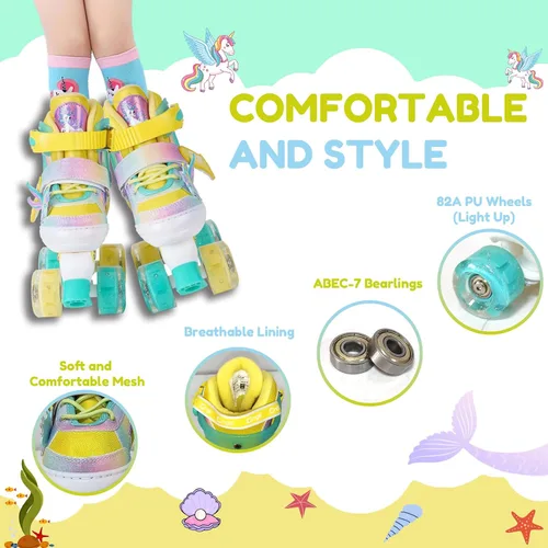 Miniatura 4 de Patines de ruedas para niñas de 3 a 12 años, patines ajustables con luz para niños pequeños, principiantes, unicornio, sirena, arco iris, regalo
