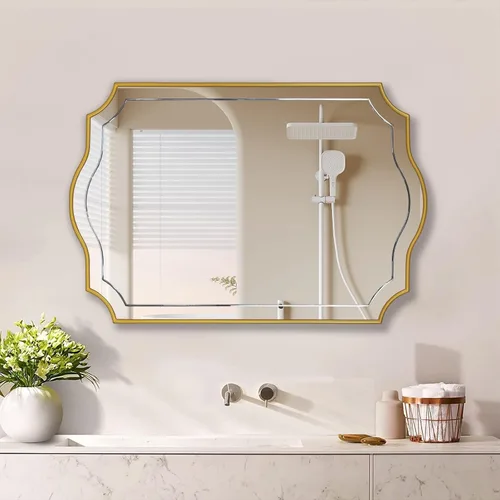 Miniatura 7 de POZINO Espejo de baño dorado, espejo rectangular moderno de 24 x 36 pulgadas para sobre el fregadero, espejos festoneados con marco de madera