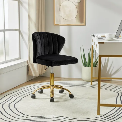 HULALA HOME Silla de escritorio de oficina en casa con ruedas doradas, silla pequeña y bonita con respaldo para dormitorio, silla de trabajo Negro