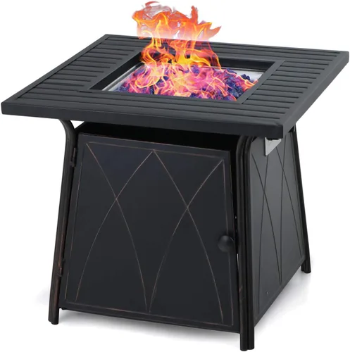 MFSTUDIO Mesa para fogata de gas de 28 pulgadas, 50000 BTU de acero propano a rayas cuadrada con tapa y vidrio azul para patio, patio trasero y Negro