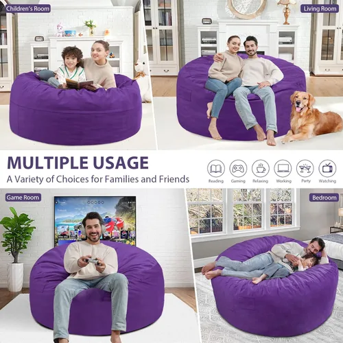 Miniatura 159 de Puf de 5 pies, puf grande con relleno de espuma viscoelástica, sofá puff esponjoso con funda de terciopelo holandés, puf redondo para sala de estar