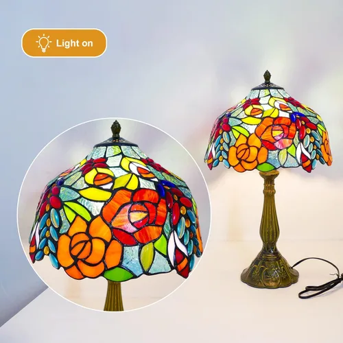 Miniatura 2 de Tiffany - Lámpara de mesa estilo rosas multicolor, lámpara de mesa con vitrales de 12 pulgadas de alto de 19 pulgadas, mesita de noche, mesita