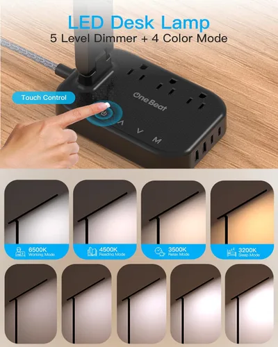 Miniatura 3 de One Beat Pequeña lámpara LED de escritorio, cable de extensión de 5 pies con 3 tomas, 4 puertos USB (2 USB C), 4 modos, lámpara táctil de 5 niveles