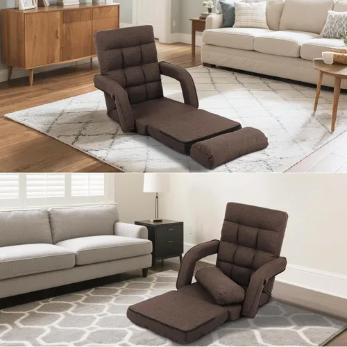 Miniatura 5 de Silla de suelo ajustable para adultos con apoyo trasero, sofá plegable de 5 posiciones con almohada, silla de juegos y meditación con tela