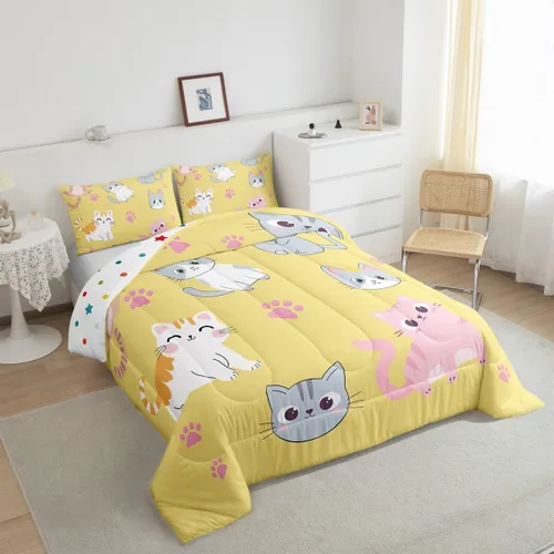 Miniatura 57 de Erosebridal Juego de ropa de cama para niños, tamaño individual, diseño de gatos de dibujos animados, para niñas, niños y adolescentes, edredón