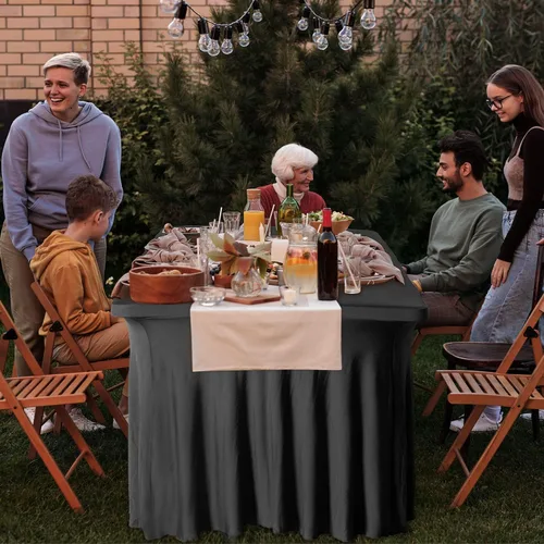 Miniatura 7 de Falda de mesa gruesa de elastano 2 en 1 y funda de 6 pies, mantel rectangular ajustable con falda plisada, mantel rectangular sin arrugas para Negro