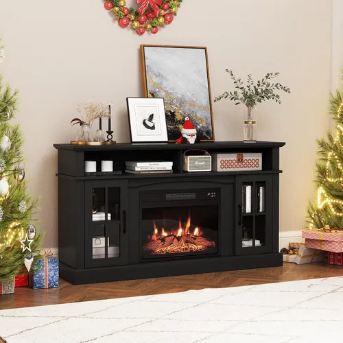 Miniatura 8 de SIMOE Soporte de TV con chimenea de hasta 40'' 65'' TV, chimenea eléctrica de 58 pulgadas, centro de entretenimiento con 2 gabinetes y control Negro