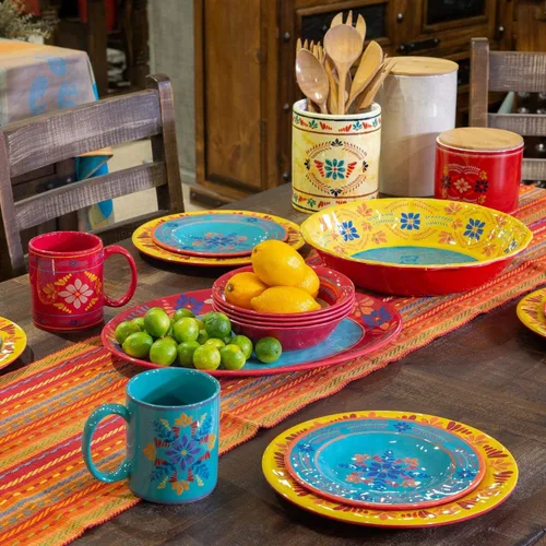Paseo Road Bonita Talavera - Juego de vajilla de plástico de melamina de 14 piezas con platos, cuencos y platos para servir, juego de platos para