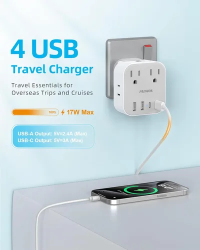Miniatura 6 de Juego de adaptadores de enchufe de viaje europeo, adaptador de viaje 8 en 1 con 4 CA, 4 puertos USB (2 USB C), adaptador de viaje universal de EE.