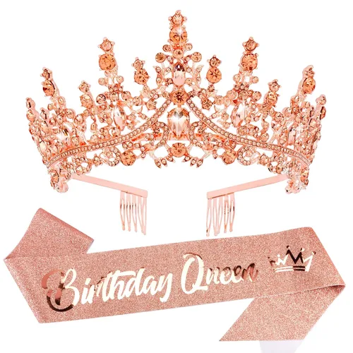 Miniatura 12 de VELSCRUN Coronas de Reina de Cumpleaños para Mujeres y Niñas, Corona de Princesa, Diadema de Cumpleaños, Fajas, Decoraciones para Fiestas, Regalo