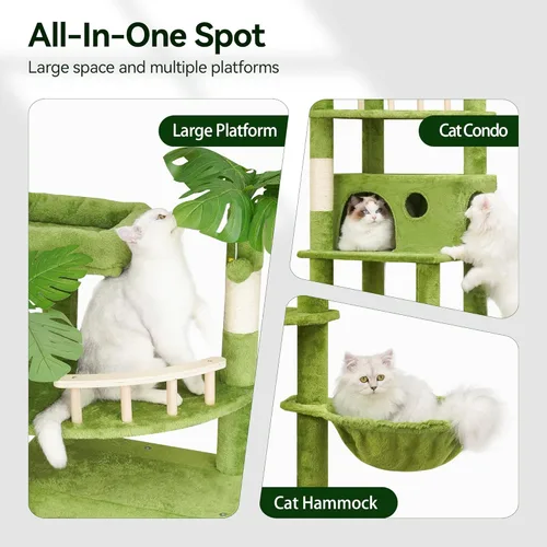 Miniatura 4 de Meecal Árbol para Gatos de 65 Pulgadas de Alto con Hojas para Gatos de Interior, Torre Verde para Gatos con Poste Rascador, Hamaca Colgante, Percha