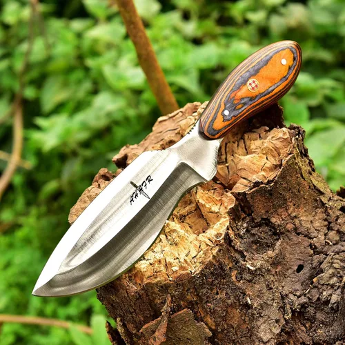 Cuchillo Bowie - Acero D2, mango de madera PAKKA de 9", naranja, táctico y para exteriores, con funda - KE-0549-HK