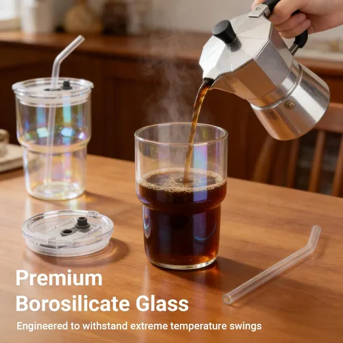 Miniatura 8 de Luxfuel Vaso de vidrio de 16 onzas con tapa y popote, taza de café helado reutilizable y vaso para batidos, vidrio de borosilicato a prueba de fugas