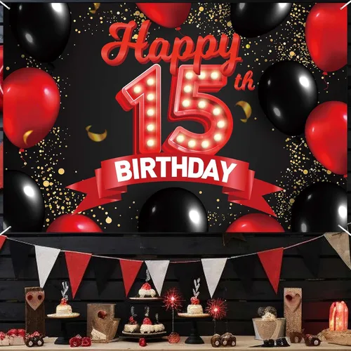 Miniatura 6 de Cartel de feliz cumpleaños 15 color rojo y negro, decoración temática de globos para niñas y mujeres, princesas de 15 años, fiesta de cumpleaños