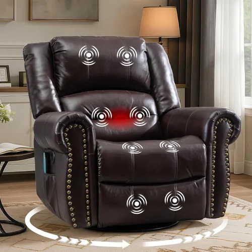 MEETWARM Sillón reclinable giratorio de masaje con calor y vibración, mecedora manual mecedora, silla reclinable giratoria de 360° con control