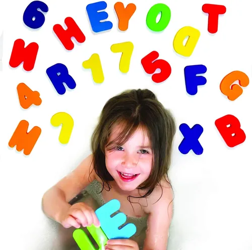BabyBibi 36 letras y números de espuma adhesivos, no tóxicos, sin BPA, juguetes de bañera sin moho, colorido, educativo, divertido aprendizaje ABC