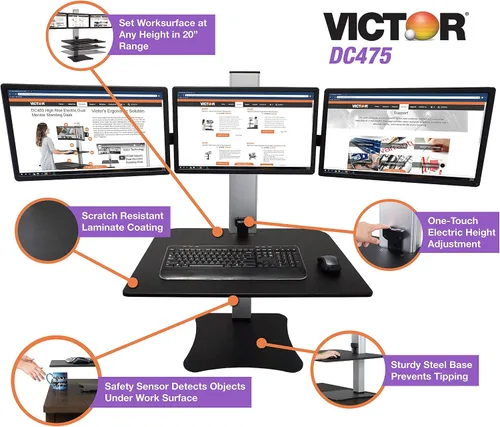 Miniatura 7 de Victor DC475 Convertidor de escritorio elevable eléctrico de triple monitor Escritorio sit-stand de tres monitores grandes Superficie de trabajo