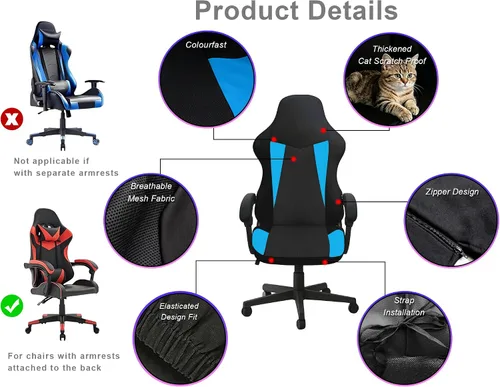 Miniatura 6 de Fundas para Sillas Gaming Solamente, Elásticas Suaves Gruesas de Malla Transpirable Resistentes a Rayones Funda de Asiento para Silla Gaming con 2