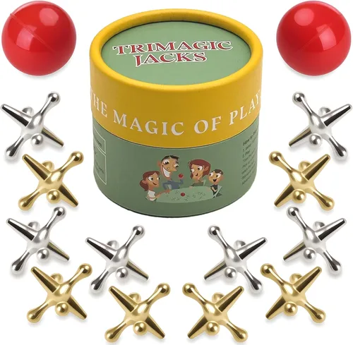 TriMagic Juego de Jacks de Metal con Set de Pelota, Set Clásico de Jax, Juguete Retro Vintage de Coordinación Ojo-Mano, Juegos Nostálgicos de la