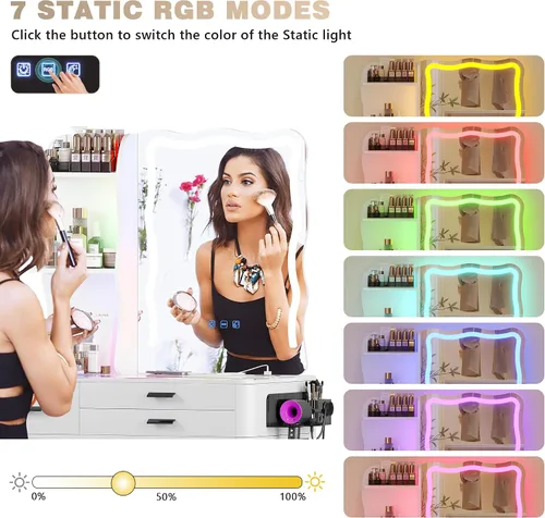 Miniatura 4 de Mesa de Tocador RGB para Maquillaje con Estación de Carga Inalámbrica, Escritorio de Tocador con Espejo Iluminado y Silla, 8 Cajones, Taburete, Mesa