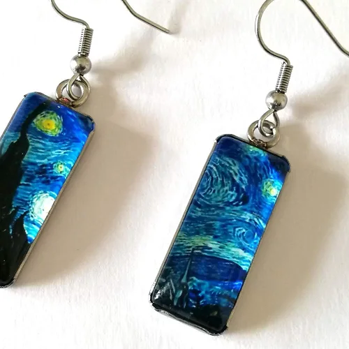 Miniatura 8 de Van Gogh - Aretes colgantes con diseño de girasol y cielo estrellado para mujer, aretes de arte abstracto