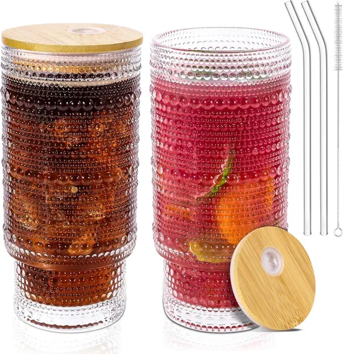 Vasos de vidrio de 16 onzas con tapas y pajitas, cristalería vintage en relieve para whisky, cóctel, cerveza, taza de café helado con tapa, vaso de
