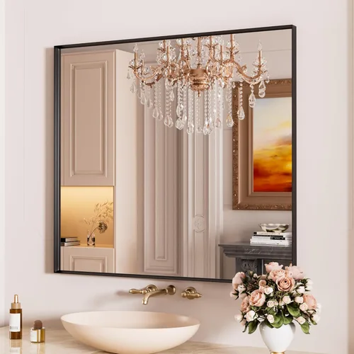 Miniatura 46 de Espejo de baño LED de 60x36 pulgadas con marco negro, espejos de baño retroiluminados y con luz frontal para pared, antiempañamiento, regulable