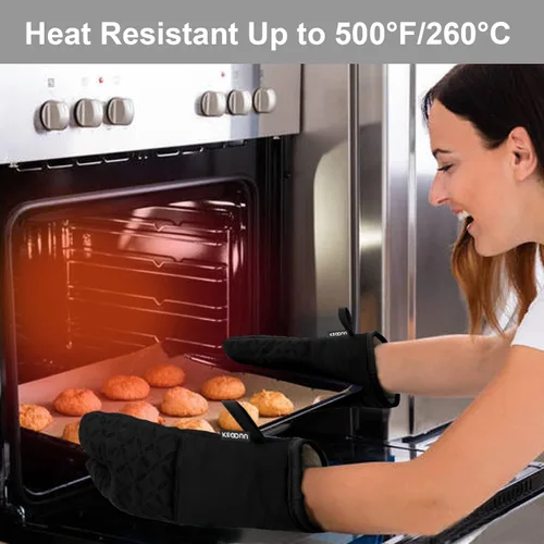 Miniatura 6 de KEGOUU Juego de 6 manoplas para horno y soportes para ollas, guantes para horno de cocina, resistentes al calor, 500 grados, extra largos, Negro