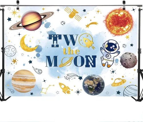 Miniatura 3 de Mocsicka Telón de fondo con texto en inglés «Two The Moon» para fiesta de segundo cumpleaños, espacio exterior, decoración de fondo del espacio Azul