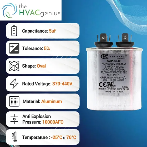 Miniatura 4 de HVAC Genius - Condensador de 5 condensadores MFD de 370 o 440 VCA 5uf de funcionamiento ovalado para motor de ventilador, condensador de soplador