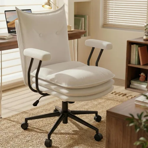 Silla de oficina blanca con asiento ancho grueso de triple capa, silla de escritorio de cuero con respaldo medio con ruedas y brazos, silla de Blanco