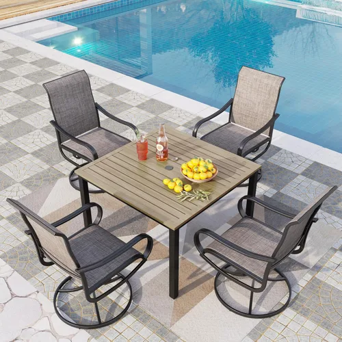Miniatura 16 de PHI VILLA Juego de comedor de patio de 5 piezas con 4 sillas de comedor giratorias para exteriores y 1 mesa de comedor redonda grande, silla de tela
