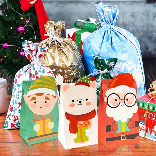 Miniatura 4 de Uptotop - Paquete de 24 bolsas navideñas 2D con 6 diseños diferentes con temáticas festivas para guardar dulces y regalos