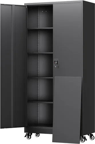 Miniatura 23 de Yizosh Armario de almacenamiento de metal para garaje con 2 puertas y 5 estantes ajustables, gabinete de archivo de acero con cerradura de 71