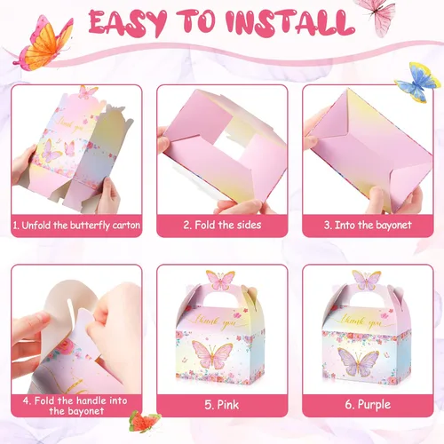 Miniatura 7 de Nezyo - 12 cajas de regalo de fiesta de mariposa, cajas de regalo de dulces de papel floral rosa morado a dos aguas con mango de mariposa