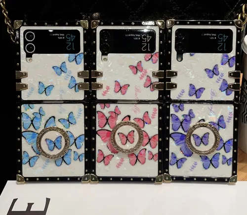 Miniatura 8 de Funda de mariposa con soporte de anillo para Galaxy Z Flip 3 para mujeres y niñas, diseño de caja cuadrada de lujo, diseño de mármol brillante